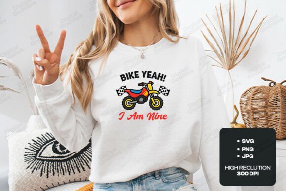 Bike Yeah I Am Nine Birthday Theme Fun Graphics for T-Shirts